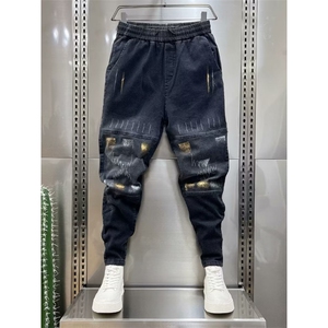 1506-1/KT10031/P51男士潮流拉链破洞水洗牛仔裤黑色美式时尚修身图片