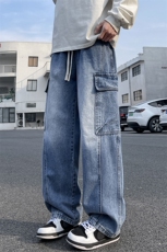 【现货】秋季新款美式复古工装口袋拼接宽松阔腿裤牛仔男816-P50，男装牛仔裤，星座1006