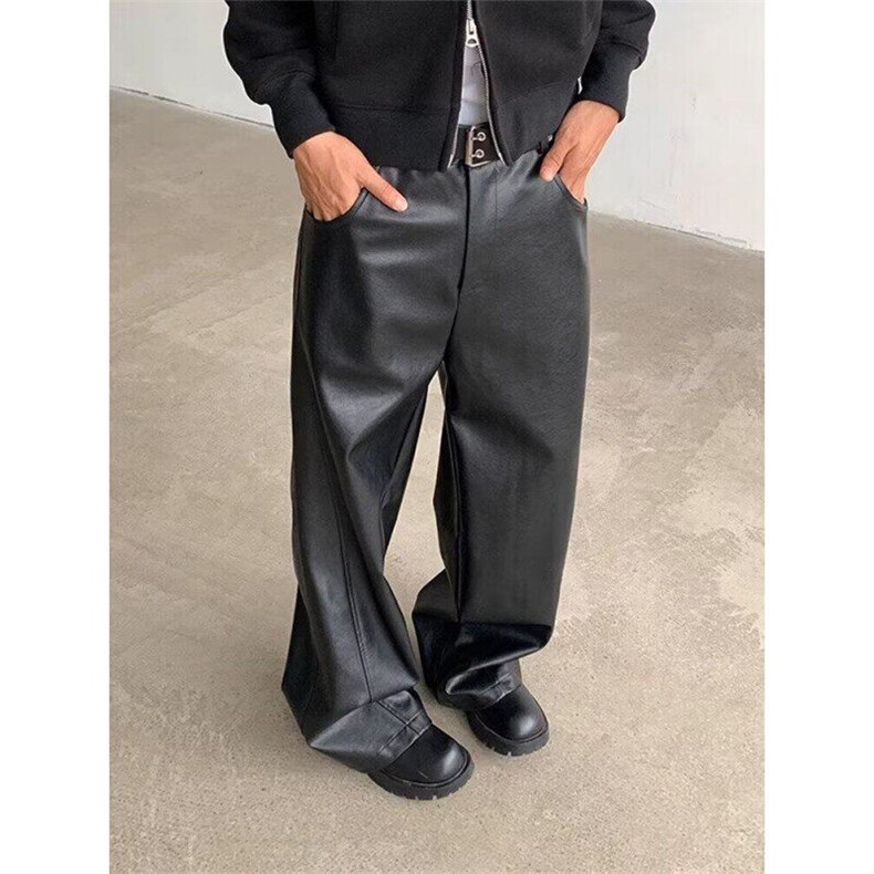 复古PU皮裤男宽松vibe直筒阔腿休闲裤垂感拖地长裤哑光PK198，男装皮裤，星座1116A（原606A-3）