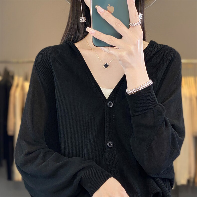 春夏新款连帽针织长袖外套女慵懒风高级气质防晒空调罩衫开衫上衣，女装针织衫/毛衣，秋虹羊绒