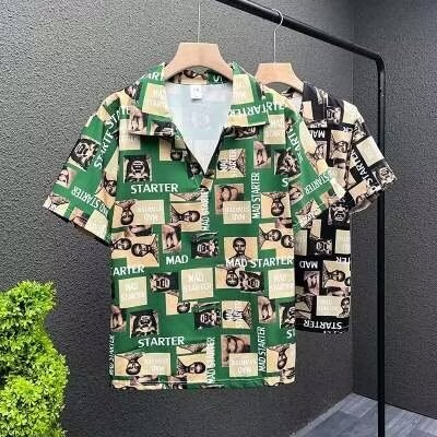 夏季印花翻领冰丝短袖衬衫男夏宽松休闲时尚垂感轻奢衬衣图片