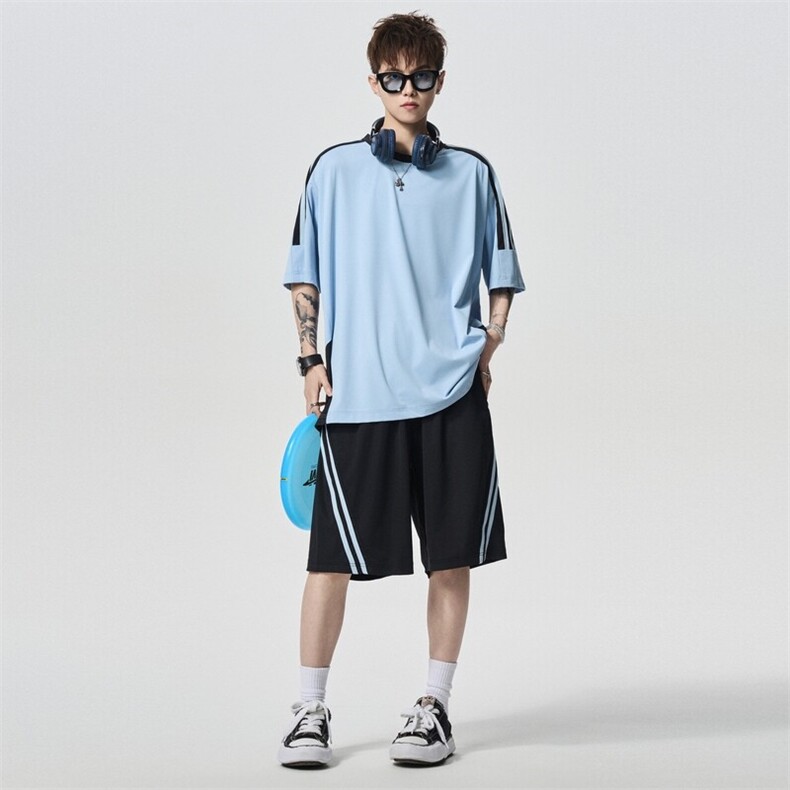 美式条纹短袖套装夏季休闲情侣T恤百搭宽松T恤A406TZ5068P65,男装T恤,星座309（原A406）