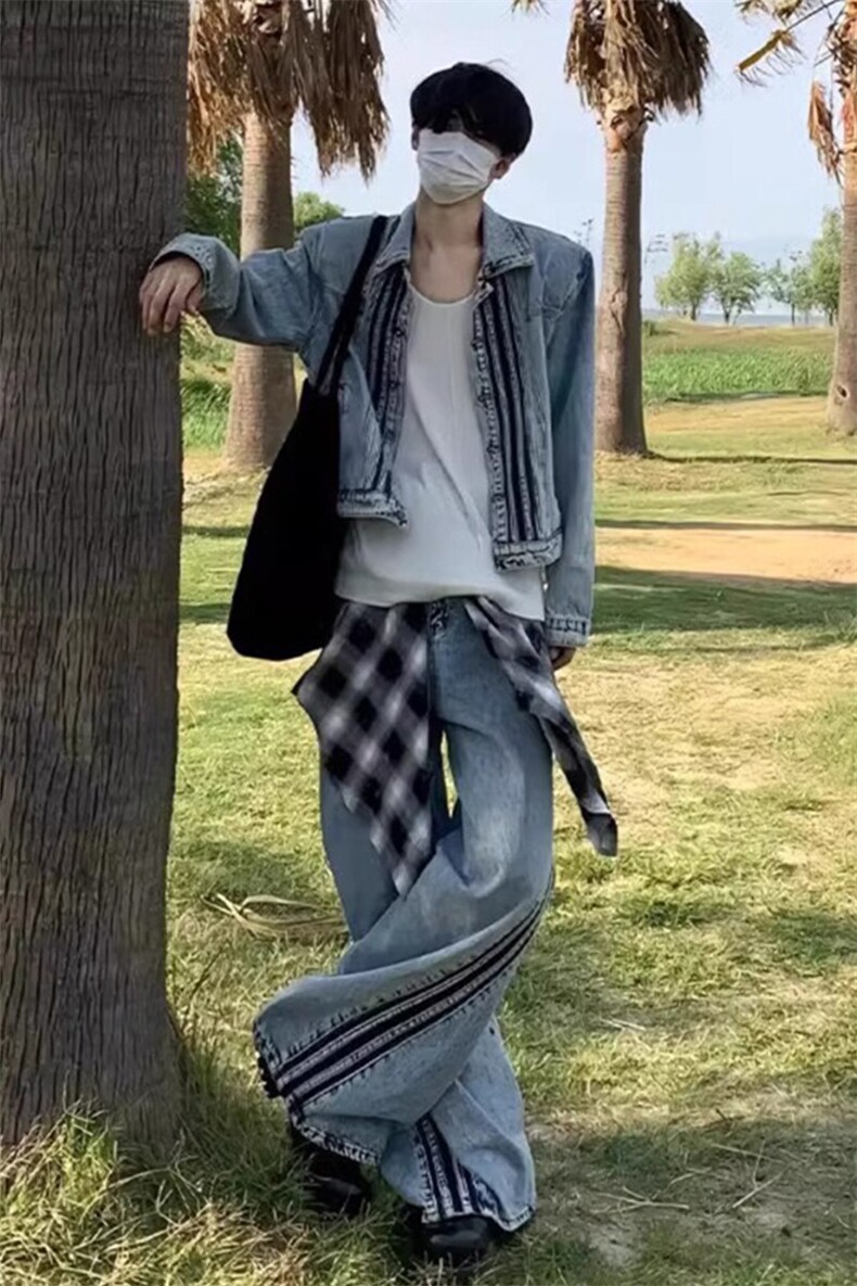 街头小众牛仔夹克设计感三条杠两件套JK7009特P72NZ619特P58,男装夹克,星座908-1