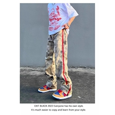 潮美式街头迷彩牛仔裤男ins潮宽松直筒hiphop拉链开叉休闲长裤，男装牛仔裤，四季星座505