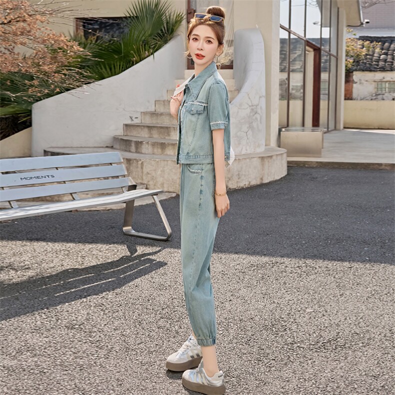 夏季时尚牛仔套装女2025年新款休闲穿搭欧货时髦洋气九分裤两件套,女装套装/套裙,意芙