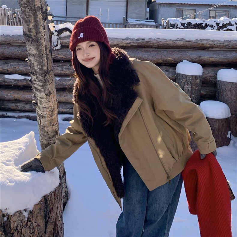 卡其色复古工装羊羔毛拼接羽绒服女冬季2025新款白鸭绒保暖派克服,女装羽绒服,2C159