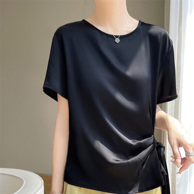 夏装轻奢醋酸缎面圆领短袖女宽松设计感纯色T恤珠光真丝质感上衣，女装T恤，暖习羊绒