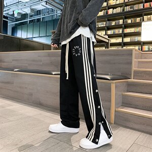 字母刺绣条纹排扣裤男2023春季新款卫裤高街男拖地裤K02-P35，男装休闲裤，星座308B-2