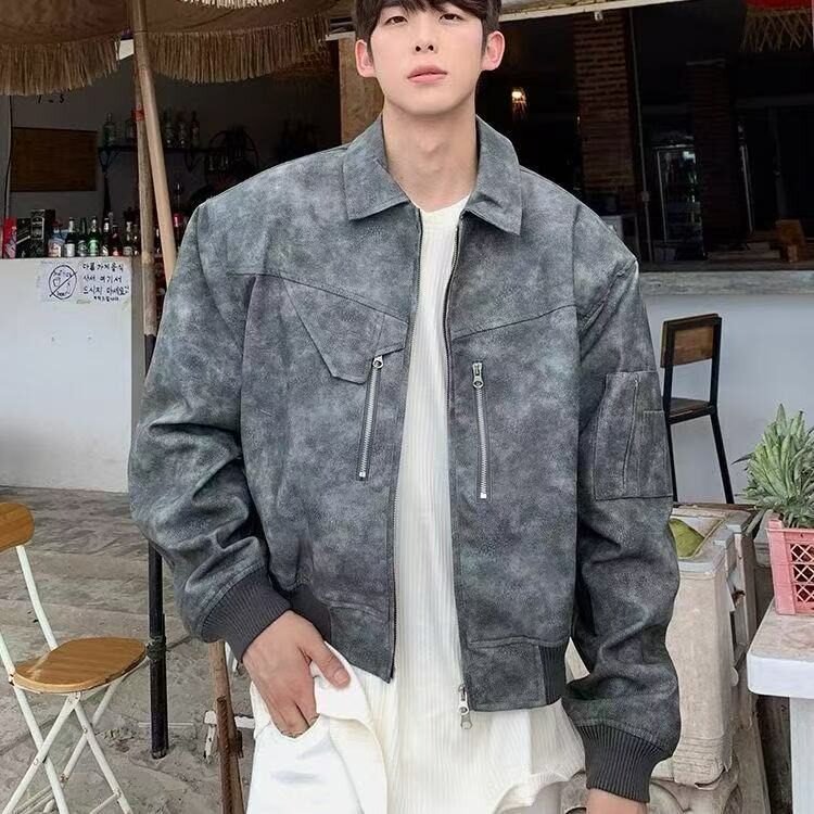 美式复古春秋PU皮夹克男设计感宽松短款飞行员外套痞帅机车服潮流,男装夹克,星座506A