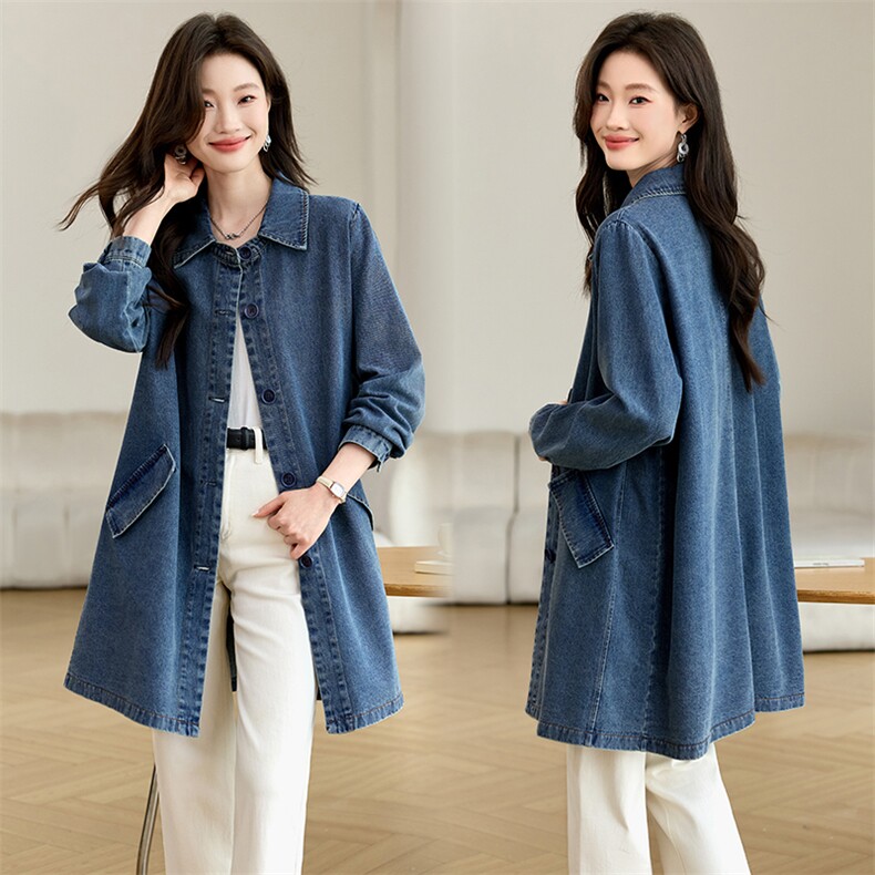 2025年秋季中长款牛仔外套，女装牛仔外套，文熹诺