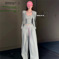 女春新款欧货时尚休闲套装修身显瘦开衫上衣内搭吊带阔腿裤三件套，女装套装/套裙，江南
