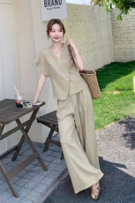 设计感小香风气质套装女2025夏新款独特漂亮短袖西装阔腿裤两件套，女装套装/套裙，2C159