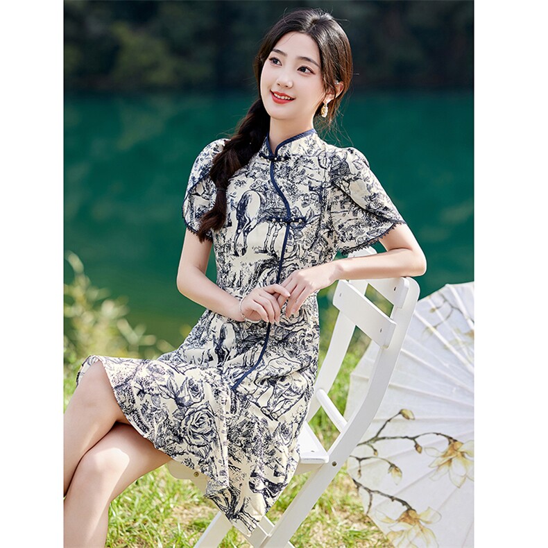 《48H发》淑女范旗袍双绉剪花连衣裙,女装连衣裙,魅丽静蓝