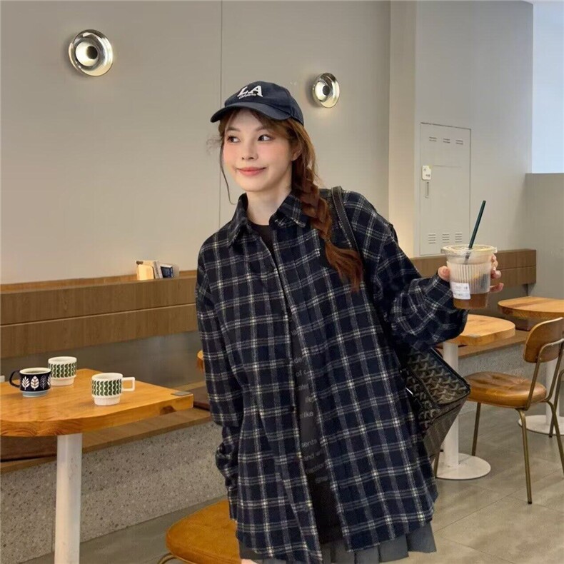 美式复古格子衬衫男女情侣春秋季新款宽松长袖衬衣情侣格纹外套,男装衬衫,星座506A
