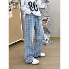 B221美式ins暗黑高街个性直筒格子牛仔裤LK25571-特P45控78，男装牛仔裤，电商B221