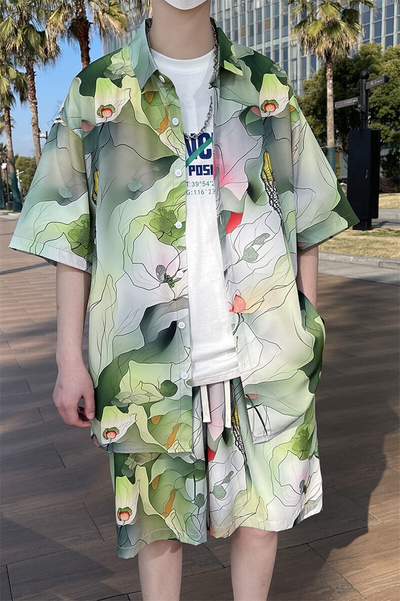 夏沙滩套装宽松热带植物花衬衫男短袖休闲两件套衣35裤23/TP58,男装衬衫,电商A012