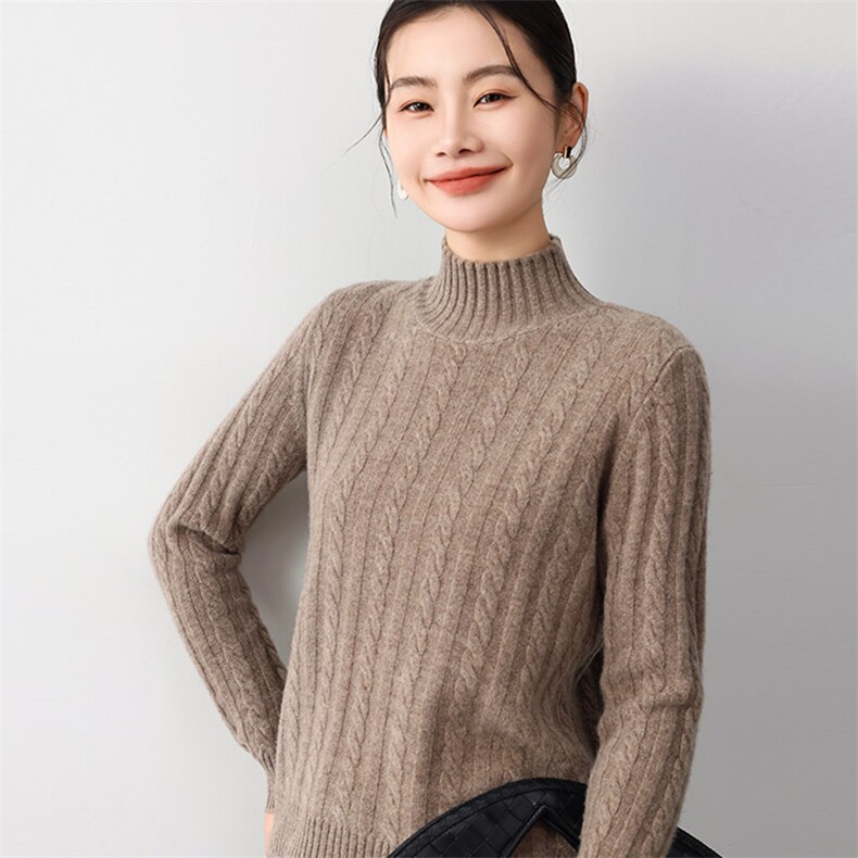 秋冬新款高领麻花毛衣女宽松显瘦百搭时尚羊毛衫,女装羊毛衫,琳尚羊绒