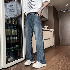 水洗竹节纹微喇牛仔裤男夏美式复古窄版修身直筒裤子 NQ06图片