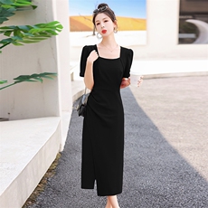 现货新款2025年夏季气质淑女方领高级感收腰显瘦法式连衣裙，女装连衣裙，蓝诺裳