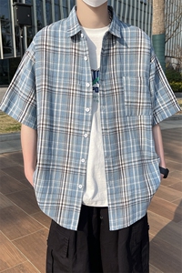 小香风格子衬衫翻领男大皂大码宽松痞帅外套格子衬衣A012/955TP26图片