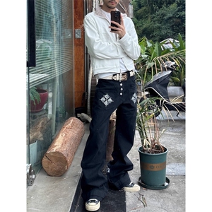 美式印花排扣弯刀牛仔裤新款简约潮流ins时尚文艺百搭气质宽松潮图片