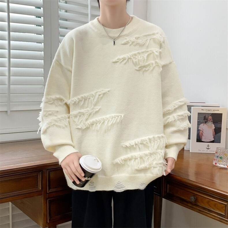 83479-P55冬季新款针织毛衣长袖复古慵懒?宽松感破洞流苏软糯,男装针织衫/毛衣,电商D310B
