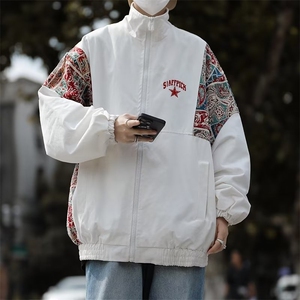 春秋新款潮牌风拼接立领夹克男复古街头宽松情侣百搭休闲外套图片