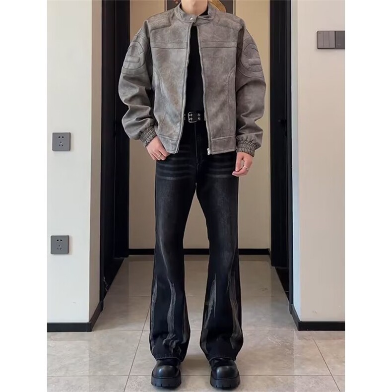 ONUN水洗黑色弯刀牛仔裤男款美式高街vibe潮牌扎染直筒微喇叭裤子图片