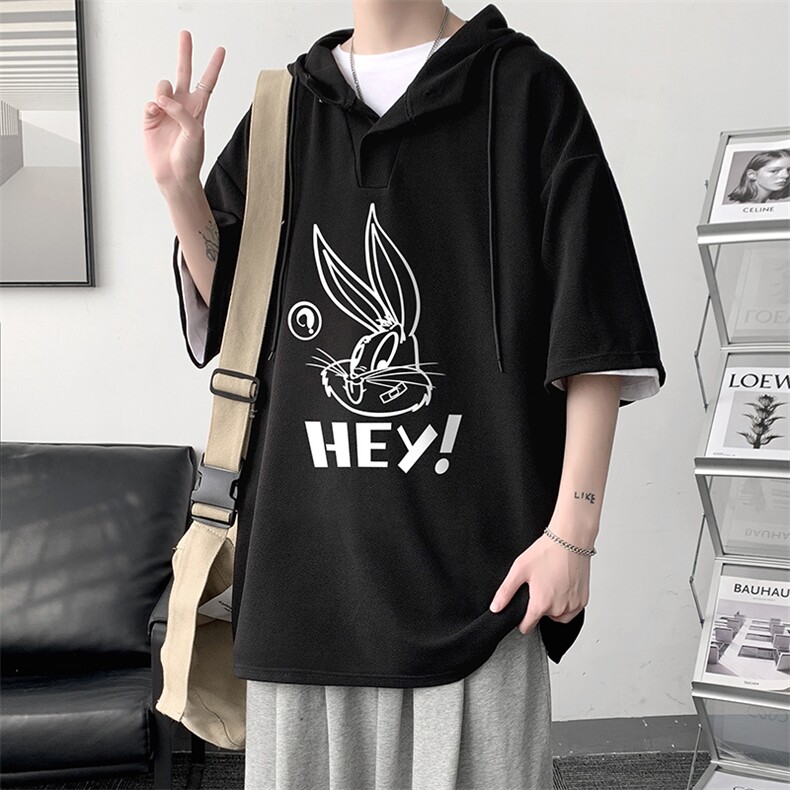 LD54179-P45连帽短袖t恤男大码胖子带帽五分袖中袖大皂风,男装T恤,电商A040