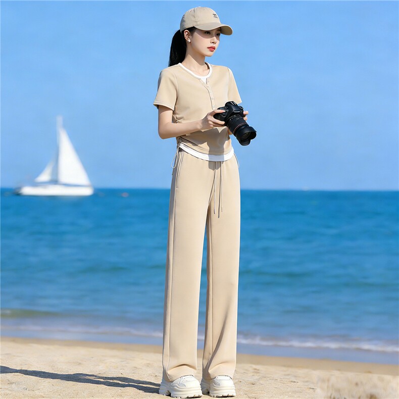 高品质时尚气质减龄套装女夏季新款拼接假两件上衣阔腿长裤两件套,女装套装/套裙,江南