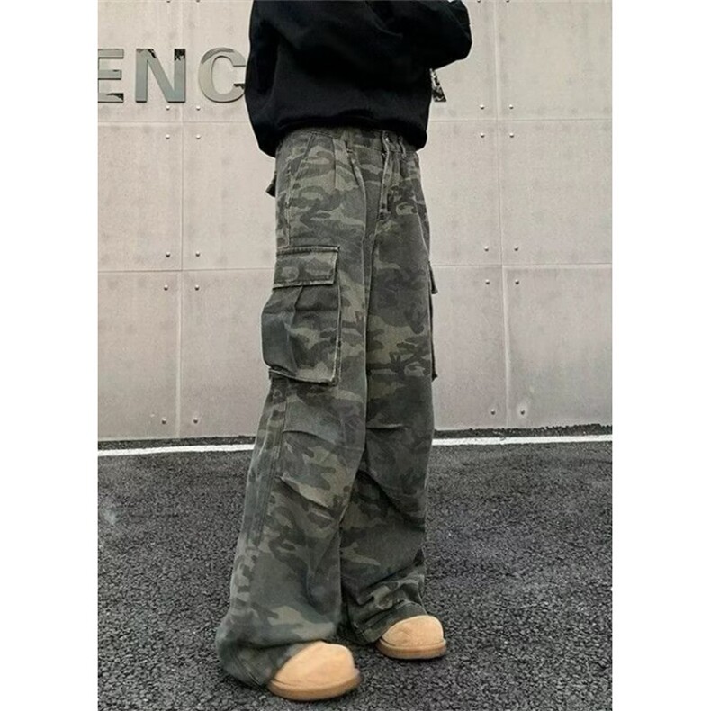 褶皱多口袋水洗迷彩工装裤男女街头直筒堆积感阔腿裤子 K0915图片