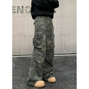 褶皱多口袋水洗迷彩工装裤男女街头直筒堆积感阔腿裤子 K0915图片