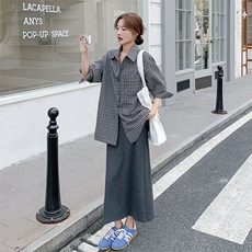 复古格子长袖衬衫背心连衣裙两件套女秋季宽松慵懒风小众衬衣外套，女装套装/套裙，2C093