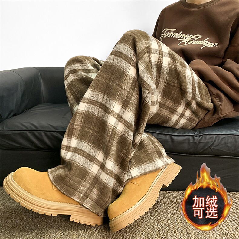 加绒+10复古磨毛格子男冬季加厚慵懒风直筒阔腿裤休闲裤D517/P45，男装卫衣，星座206（原A221）