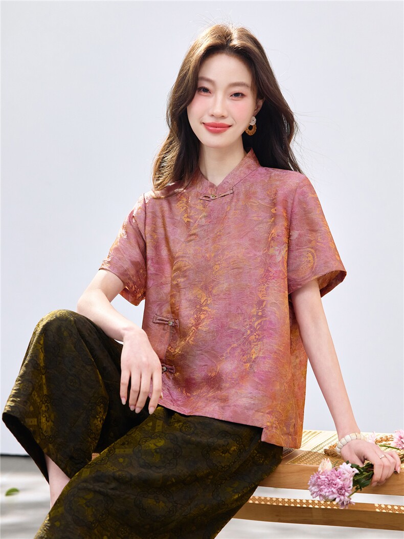 长期现货2026新中式印花上衣女夏季薄款透气短袖衬衫中老年妈宽松,女装衬衫,璐依舞