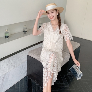 法式镂空罩衫叠穿T恤连衣裙套装女夏2025新款大方得体绝美温柔风图片