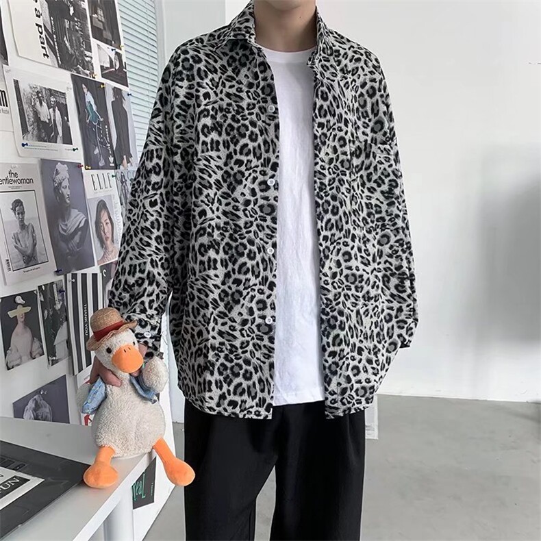 23暗黑豹纹印花INS超火宽松男女款流行长袖衬衫C173-P30,男装衬衫,星座1109-3