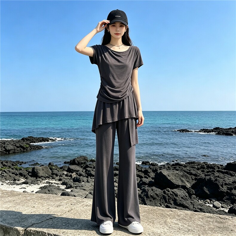 韩版时尚休闲套装女夏季新款斜肩收腰短袖上衣蕾丝屁帘长裤两件套,女装套装/套裙,江南