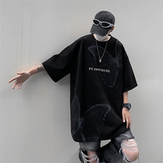 夏季复古蝴蝶麂皮绒短袖T恤男2023宽松潮牌情侣装上衣T1492-P30，男装T恤，星座512-3
