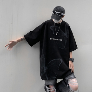 夏季复古蝴蝶麂皮绒短袖T恤男2023宽松潮牌情侣装上衣 T1492-P30图片