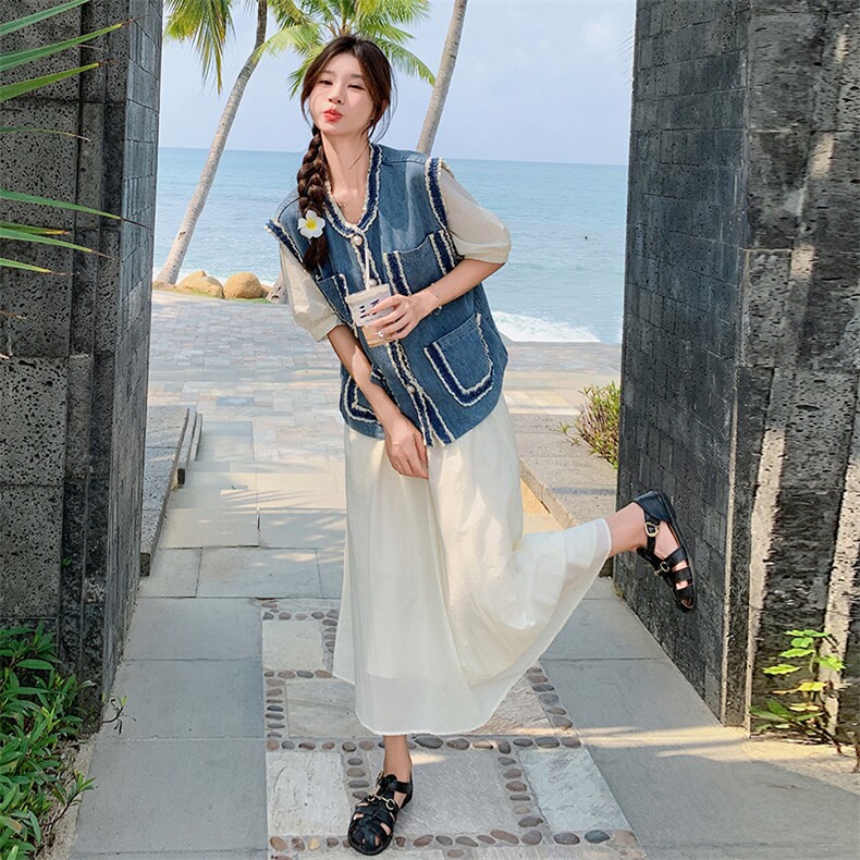 新品现货主推牛仔马甲连衣裙两件套2C032152P165K218,女装连衣裙,2C032