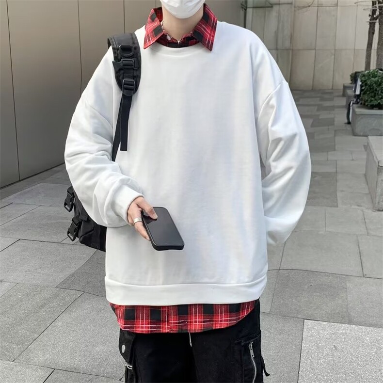 港风格子假两件卫衣男潮牌宽松休闲百搭衬衫领套头长袖外套W10,男装卫衣,星座1116A-1（原606A）