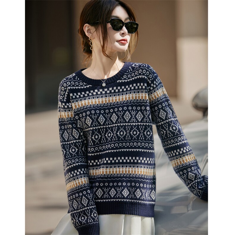 2025秋冬百搭时尚简约圆领费尔岛针织衫,针织衫/毛衣,昭美羊绒