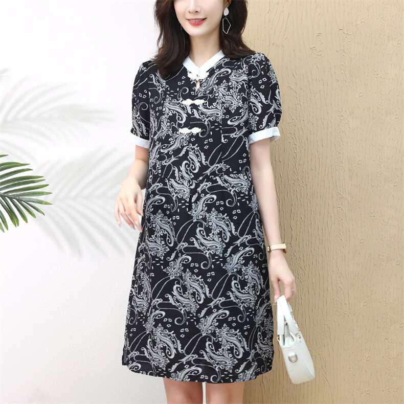 2022年夏季时尚有范潮流白立领盘扣舒适透气连衣裙,女装连衣裙,梦芯尔