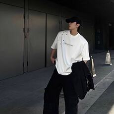 夏季纯棉垫肩短袖T恤男cleanfit高级感小领口300g重磅潮牌7七分袖，男装T恤，星座205-3