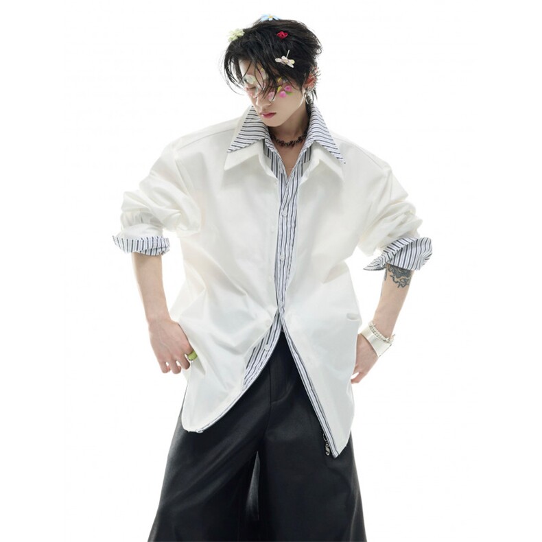 白色条纹撞色假两件衬衫男款夏季痞帅cleanfit衬衣外套CA6756，男装衬衫，星座1116A（原606A-3）