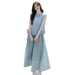 韩版减龄蓝色马甲半身裙套装女2025夏季新款慵懒风宽松休闲两件套图片