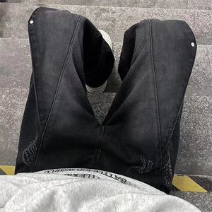 美式高街Vibe复古重工牛仔裤男解构拼接设计直筒阔腿裤Y91500-p55图片