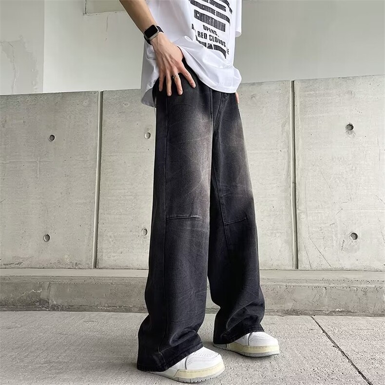 水波纹风水洗牛仔裤男中性风小众阔腿休闲裤设计感直筒NC1063,男装休闲裤,星座1116A-1（原606A）