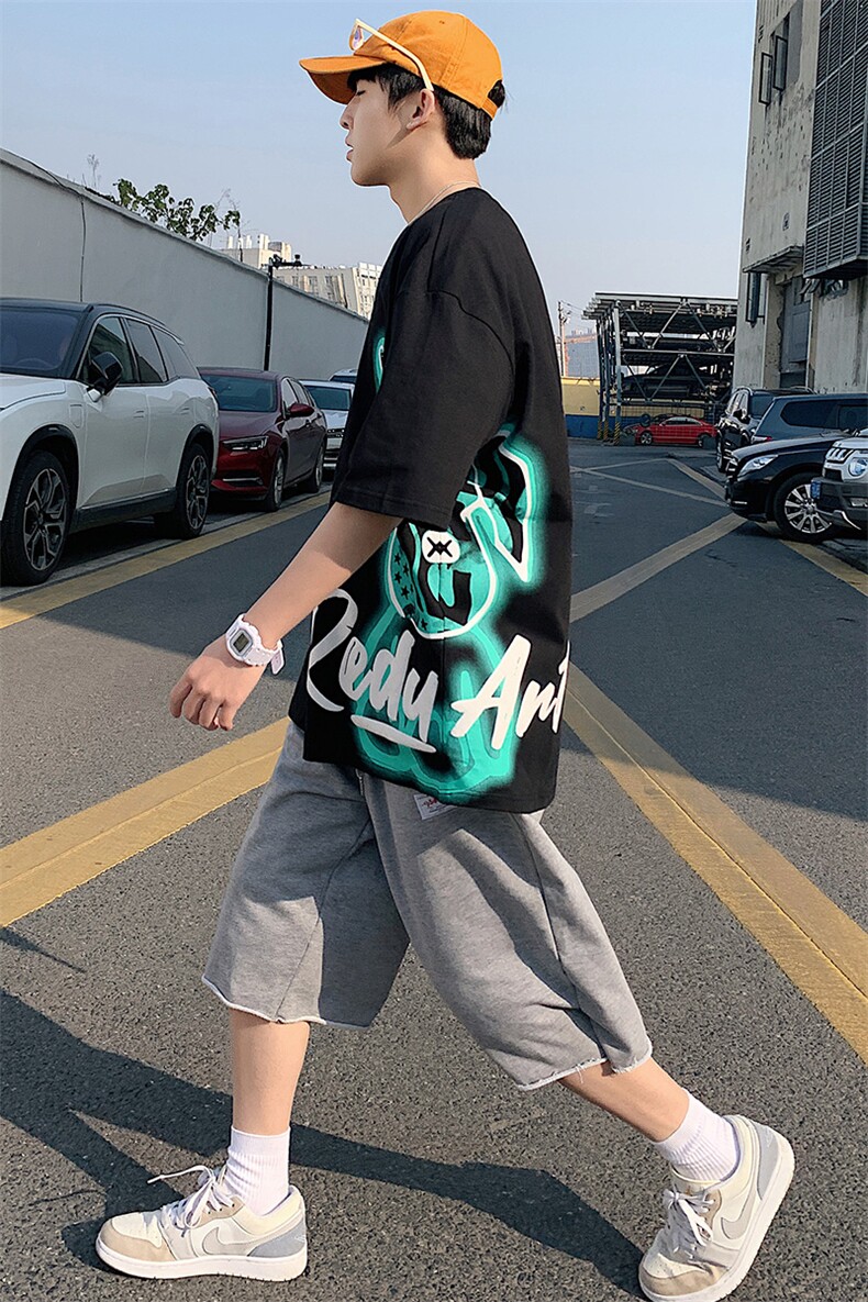 夏上新青少年港风纯棉短袖T恤潮时尚印花圆领半袖男女T7209-P45,男装T恤,电商A441-1